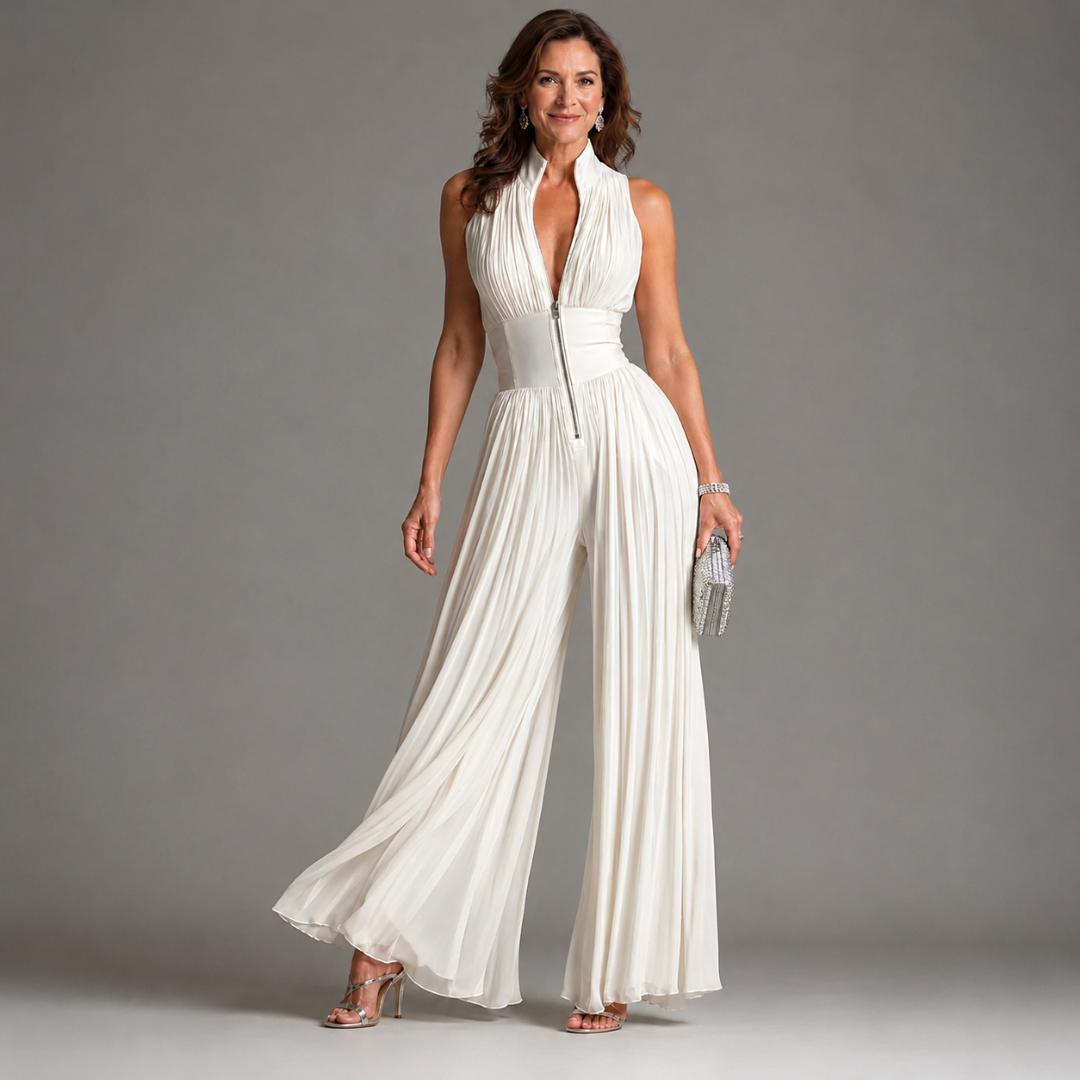 Yakira | Mono con cuello halter plisado y pernera ancha