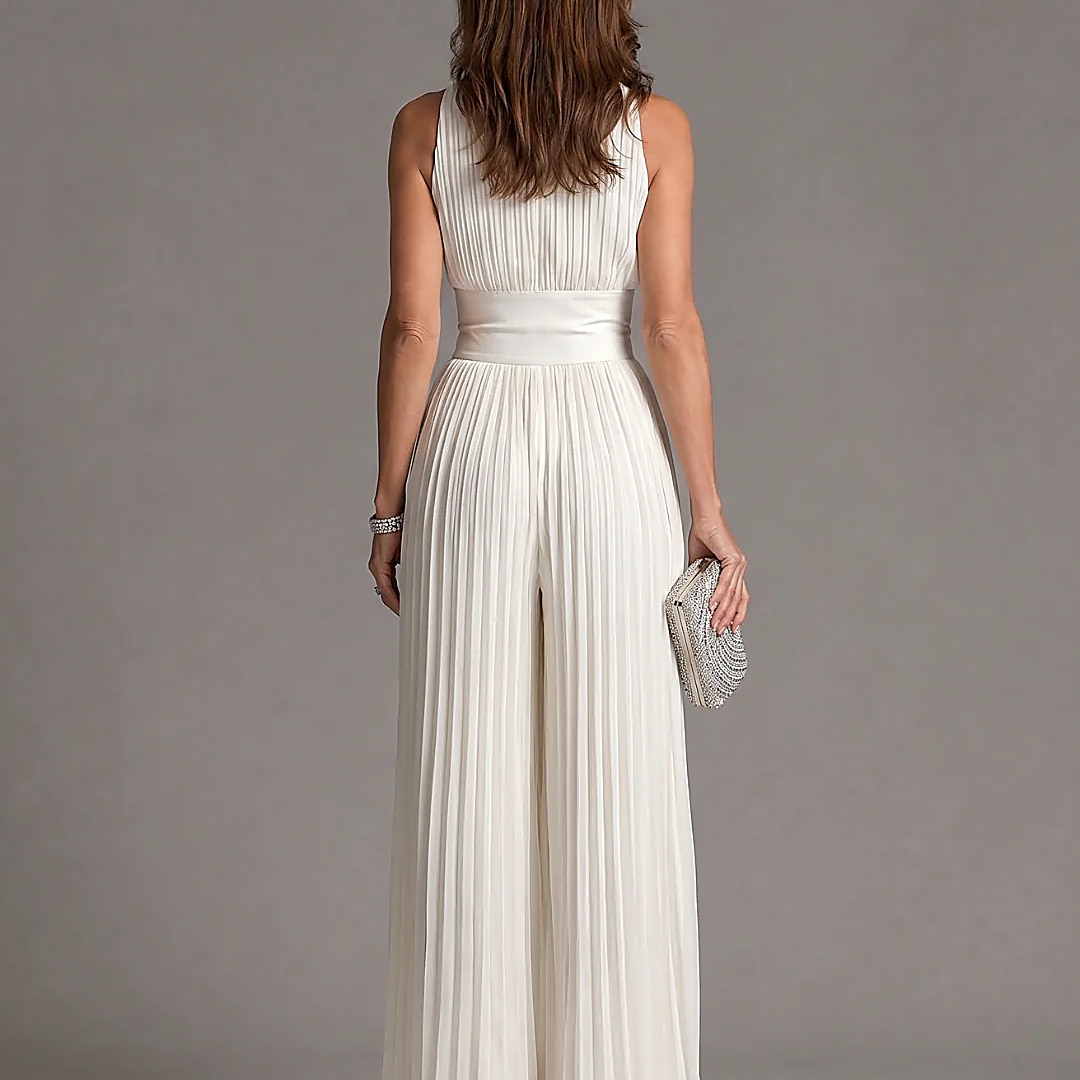 Yakira | Mono con cuello halter plisado y pernera ancha
