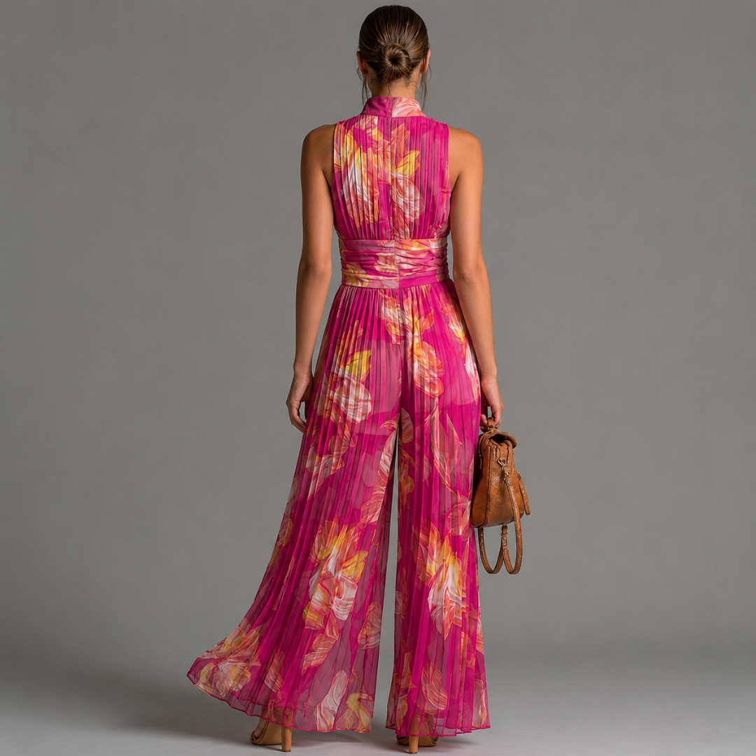 Yakira | Mono con cuello halter plisado y pernera ancha