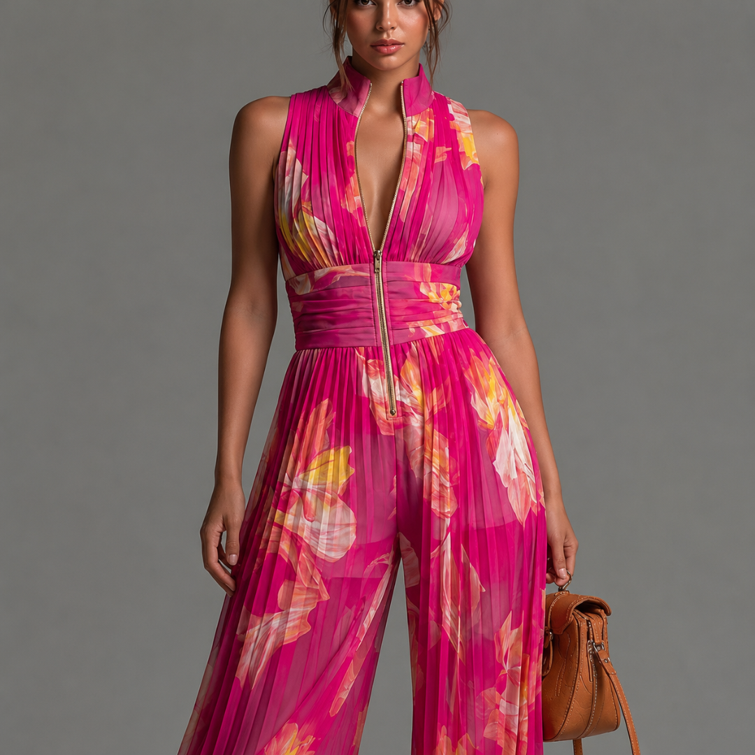 Yakira | Mono con cuello halter plisado y pernera ancha