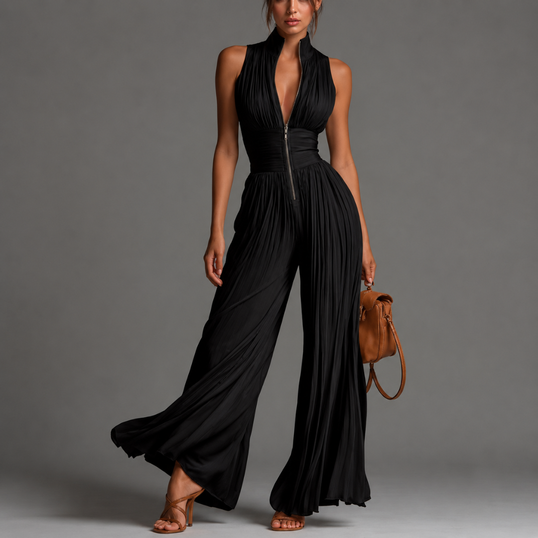 Yakira | Mono con cuello halter plisado y pernera ancha