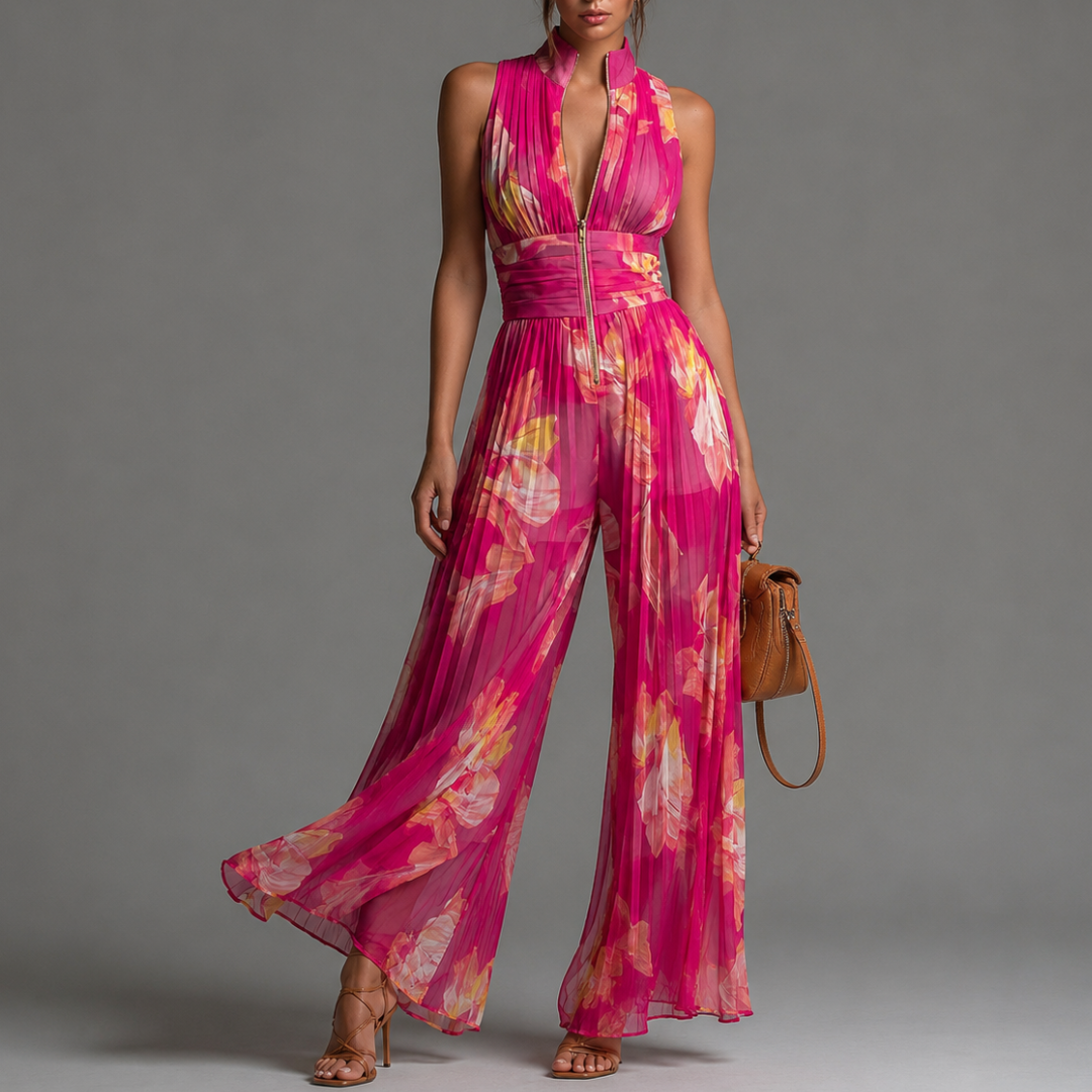 Yakira | Mono con cuello halter plisado y pernera ancha