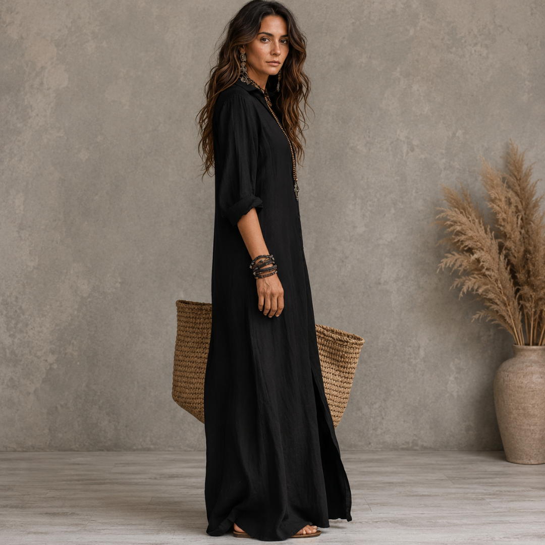 Soline | Vestido largo negro holgado con botones