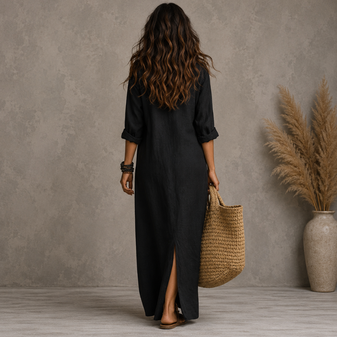 Soline | Vestido largo negro holgado con botones