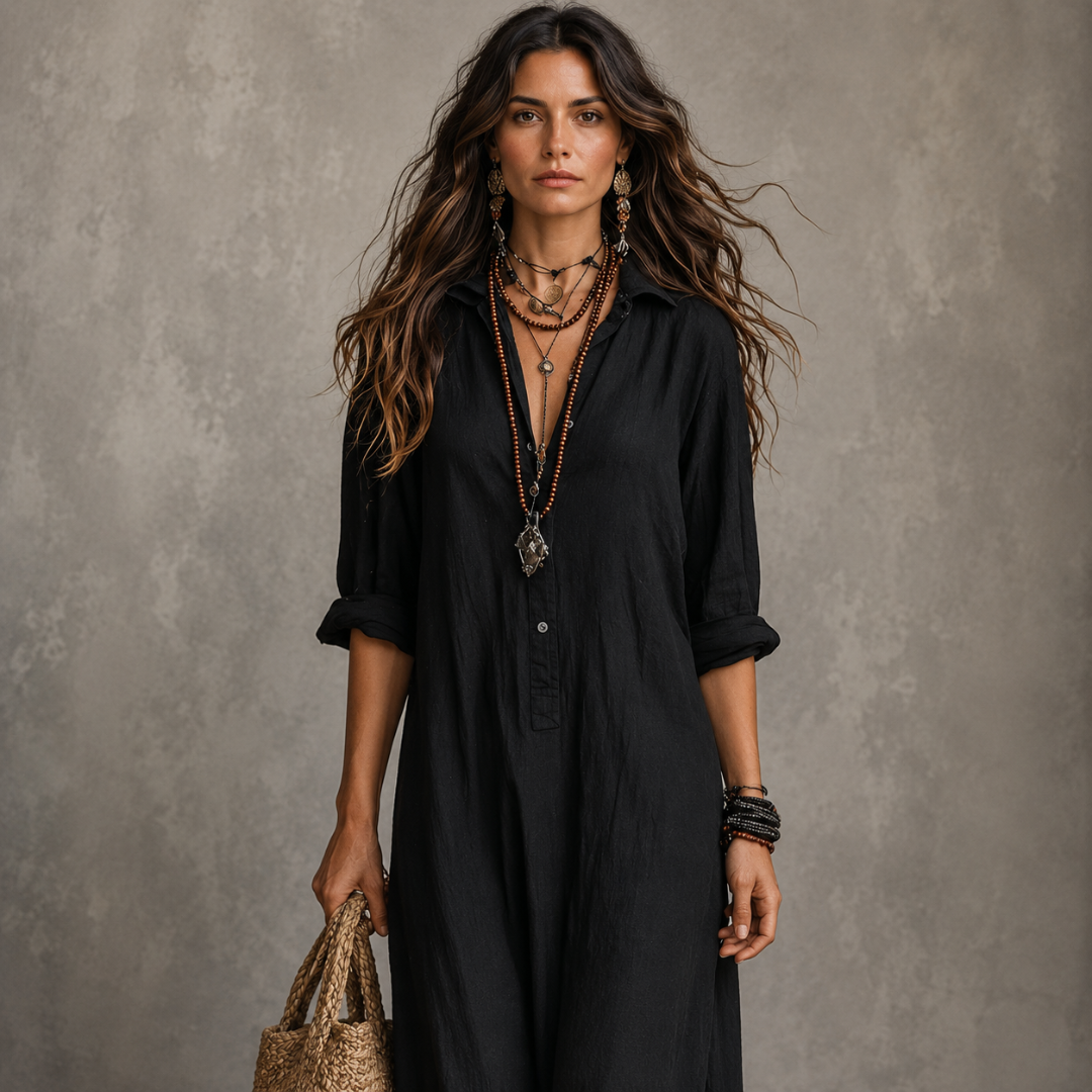 Soline | Vestido largo negro holgado con botones