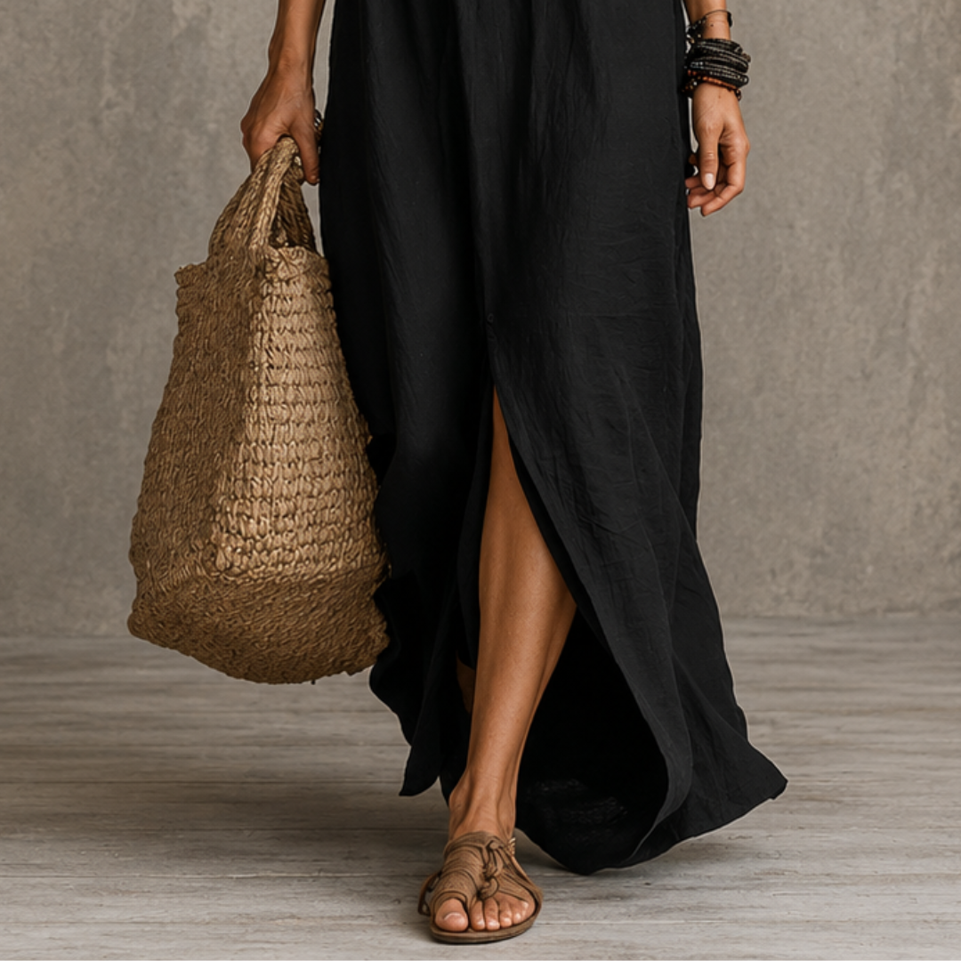 Soline | Vestido largo negro holgado con botones