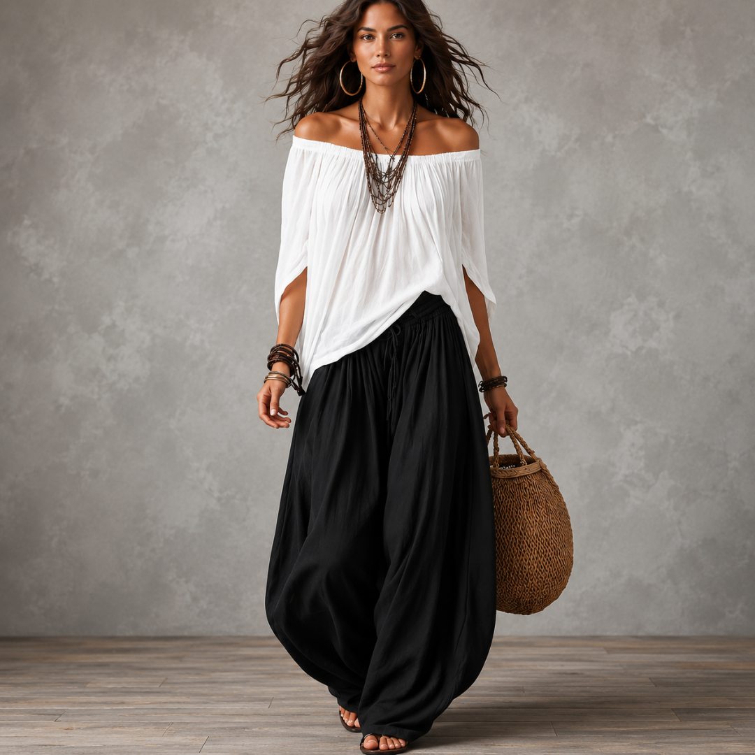 Top blanco con los hombros descubiertos y pantalones acampanados estilo farol.