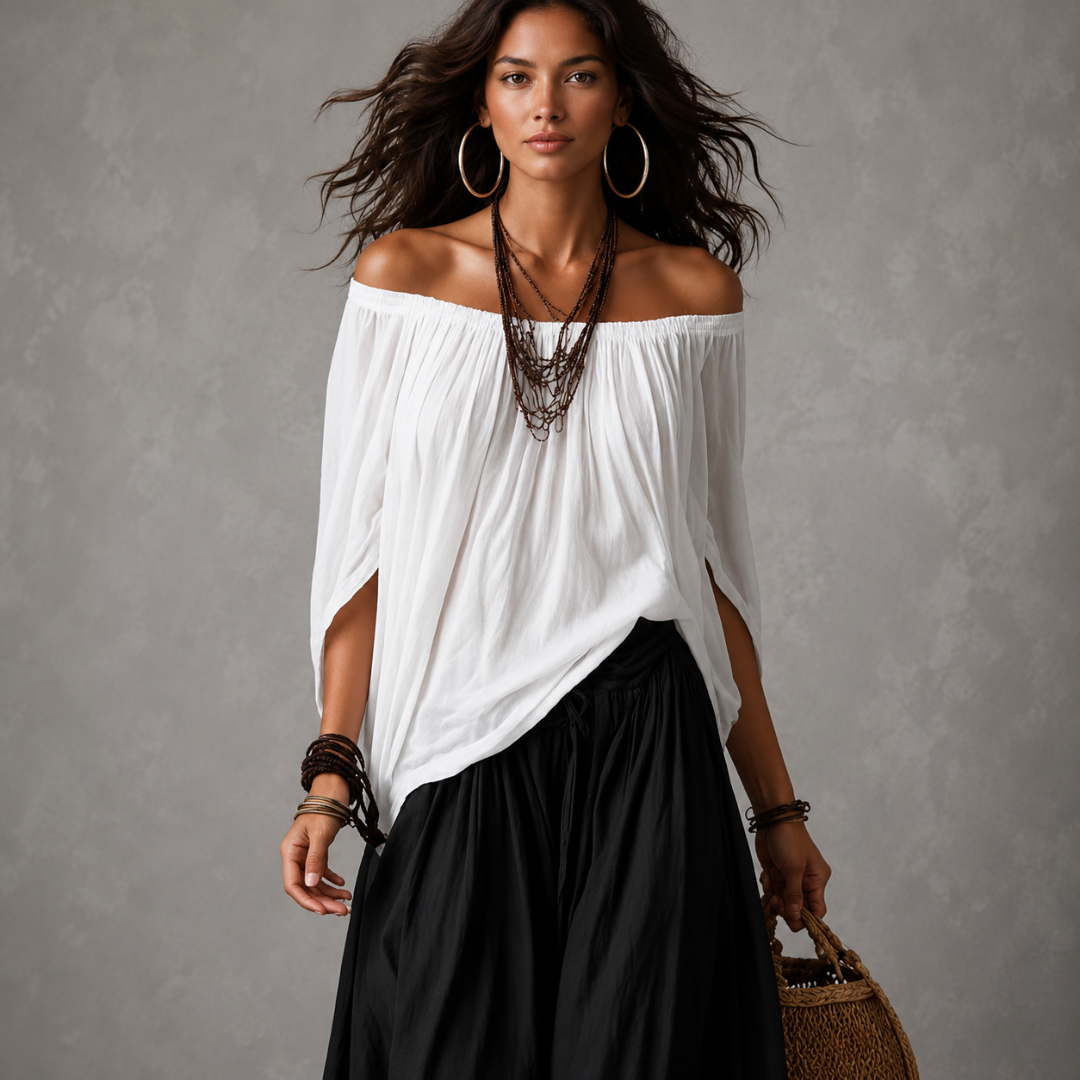 Top blanco con los hombros descubiertos y pantalones acampanados estilo farol.