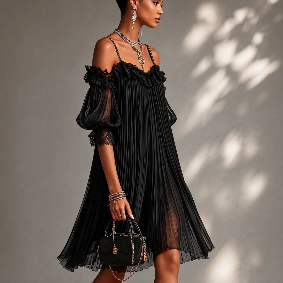 Victoria | Minivestido de muselina negra con tirantes que dejan los hombros al descubierto y ribete de encaje.
